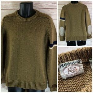 VTG Bushhog Mens S Wool Blend Pullover Knit Sweater Brown w/Elbow Patch Stripe